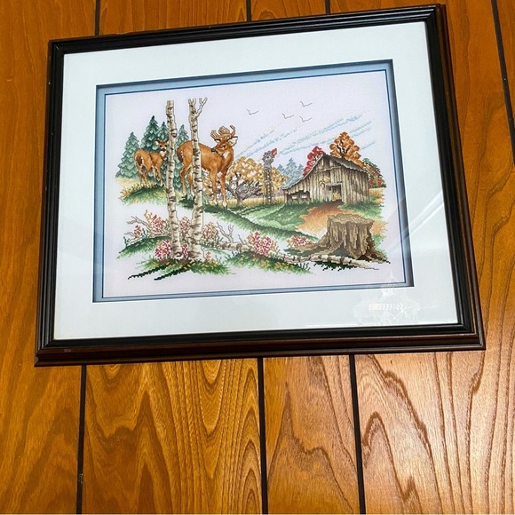 Vintage needlepoint crewel deer buck & doe professionally framed forest cabin - Picture 3 of 9
